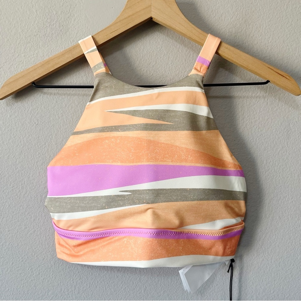 PrAna NWT Marine Street High Neck Swim Bikini Top Orange Stripe Size Small Beach